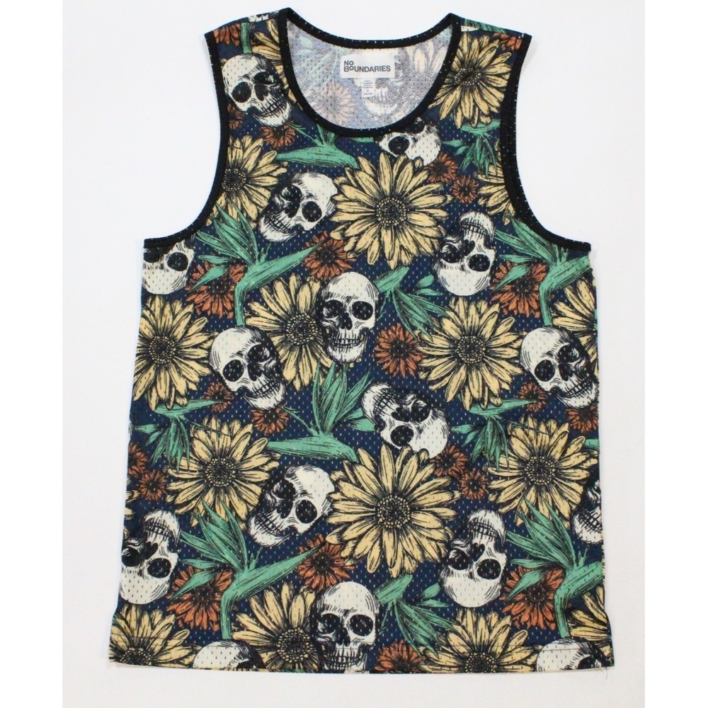 Men's No Boundaries Skull and Sunflowers‎ Mesh Tank Top Size S (34-36)